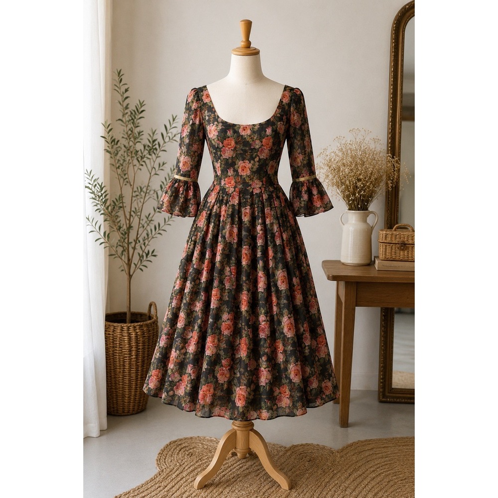 Floral Prairie Dress Bell Sleeve Renaissance Style